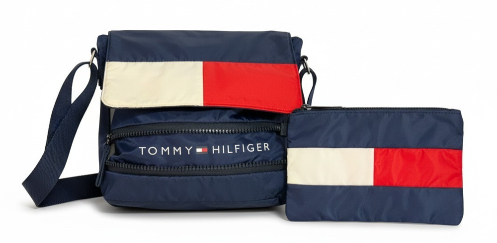 Tommy Hilfiger Flag Design Nylon Expandable Crossbody Purse & Wallet Set Navy